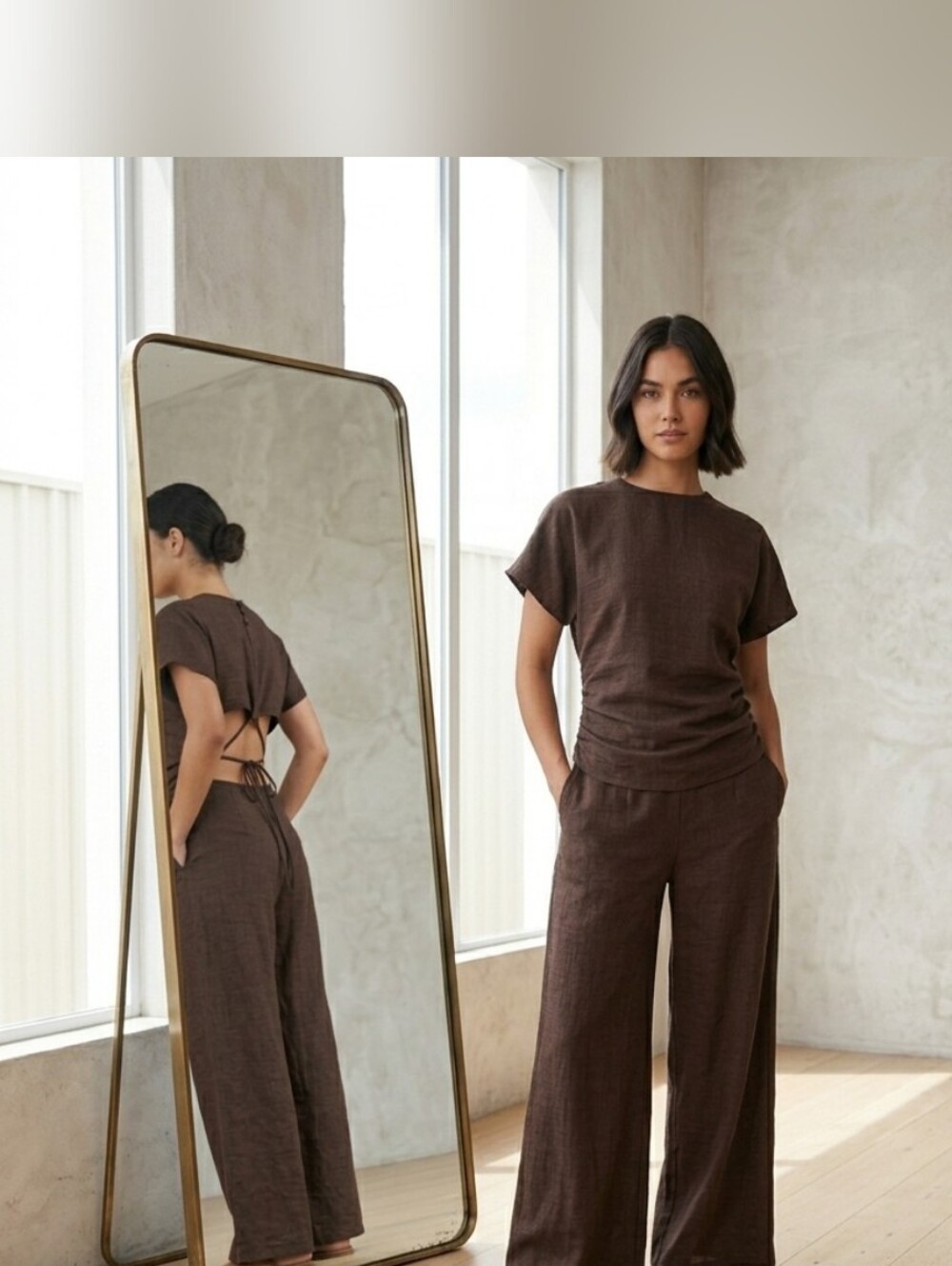 Wide-Leg Back-Tie Jumpsuit in Chocolate Brown - Picture 2 of 11